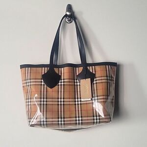 NWT Burberry Giant Large Vintage Transparent Travel Reversible Shopper Tote Tan